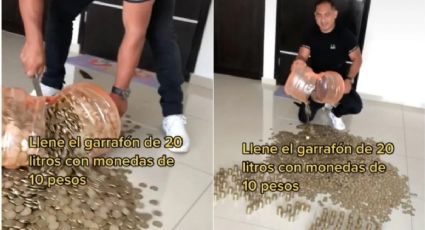 Tiktoker ahorró monedas de 10 pesos por dos AÑOS en un garrafón; revela la ENORME cantidad que juntó