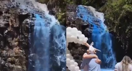 Pareja tiñe cascada de azul para revelar el sexo de su bebé y los tunden redes | VIDEO